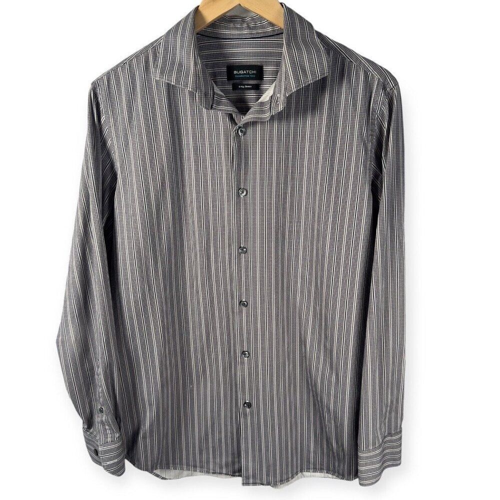 Bugatchi Shirt Mens Large Grey White 8 Way Stretch OoohCotton Tech Striped
